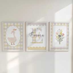 Girls Nursery Set Of 3 Wall Art, Goose, Yellow Gingham Floral Print & Personalised Name Initial, A5-A2 Framed Or Unframed Room Decor - thumbnail 2