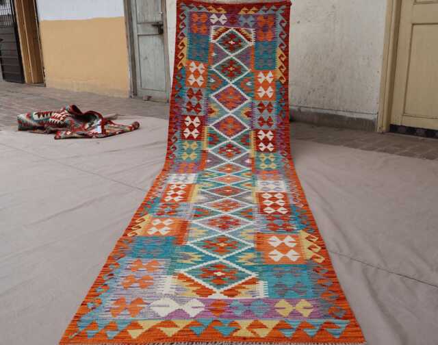 10 Ft Flatweave Runner Rug Afghan Handmade Kilim Rug, Multicolor Wool Geometric Design Turkmen Tribal Oriental Hallway - image 1