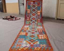 10 Ft Flatweave Runner Rug Afghan Handmade Kilim Rug, Multicolor Wool Geometric Design Turkmen Tribal Oriental Hallway - thumbnail 1