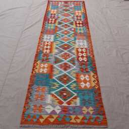 10 Ft Flatweave Runner Rug Afghan Handmade Kilim Rug, Multicolor Wool Geometric Design Turkmen Tribal Oriental Hallway - thumbnail 3