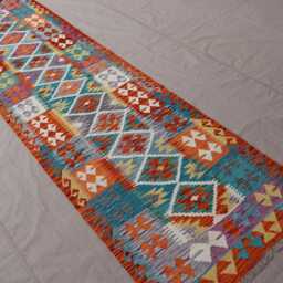 10 Ft Flatweave Runner Rug Afghan Handmade Kilim Rug, Multicolor Wool Geometric Design Turkmen Tribal Oriental Hallway - thumbnail 2