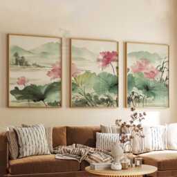 Lotus Flower Wall Art Set Of 3 - Japanese Ink Painting Prints Zen Botanical Artwork Calm Nature Decor For Living Room - thumbnail 3