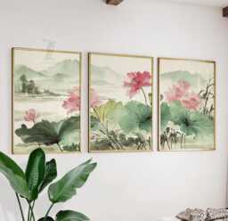 Lotus Flower Wall Art Set Of 3 - Japanese Ink Painting Prints Zen Botanical Artwork Calm Nature Decor For Living Room
