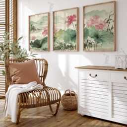 Lotus Flower Wall Art Set Of 3 - Japanese Ink Painting Prints Zen Botanical Artwork Calm Nature Decor For Living Room - thumbnail 2