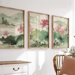 Lotus Flower Wall Art Set Of 3 - Japanese Ink Painting Prints Zen Botanical Artwork Calm Nature Decor For Living Room - thumbnail 4