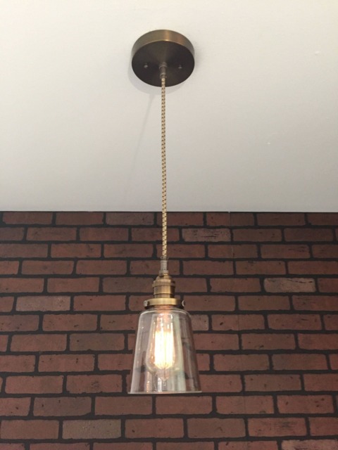 "Industrial Pendant Light -Antique Brass 4 1/2"" Clear Glass Cone Shade with Patented ""Huila Electrical Connectors" - image 1