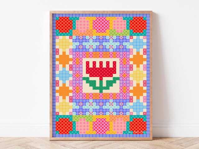 Square Flowercolourful Wall Printable, Digital Cross Stitch Print, Sweet Decor, Maximalist Colour, Pattern Picture Hanging, Bold Bright - image 1