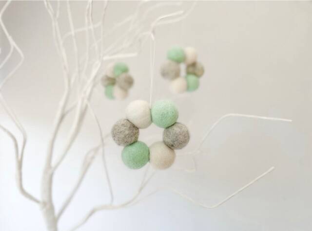 Felt Ball Bauble, Mini Christmas Tree Wreath, Pom Decorations, Nordic Hanging Ornament, Grey & Mint Bauble - image 1