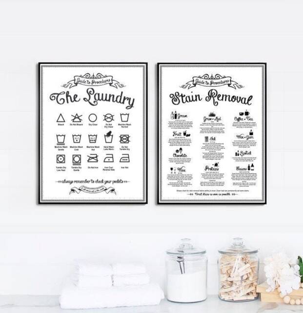 Laundry Wall Decor - Clothing Symbols Stain Removal Set Of 2 Vintage Farmhouse Room Art Print, Framed Canvas Sign - image 1