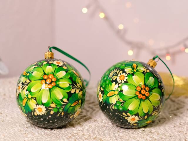 Hand-Painted Christmas Ornament, 3.14 In, Ukrainian Ornaments, Petrykivka Tree Baubles, Unique Green Flower Balls - image 1