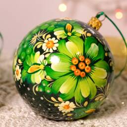Hand-Painted Christmas Ornament, 3.14 In, Ukrainian Ornaments, Petrykivka Tree Baubles, Unique Green Flower Balls - thumbnail 2