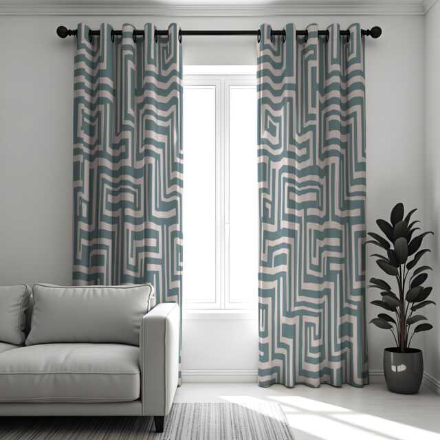 Teal Geometric Curtains, Modern Maze Pattern Drapes, Made To Measure Window Panels, Custom Eyelet Or Rod Pocket Curtains For Living Room - image 1