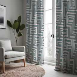 Teal Geometric Curtains, Modern Maze Pattern Drapes, Made To Measure Window Panels, Custom Eyelet Or Rod Pocket Curtains For Living Room - thumbnail 2
