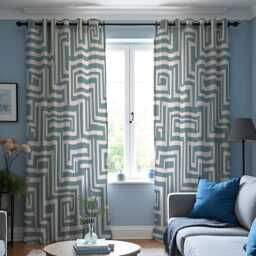 Teal Geometric Curtains, Modern Maze Pattern Drapes, Made To Measure Window Panels, Custom Eyelet Or Rod Pocket Curtains For Living Room - thumbnail 3
