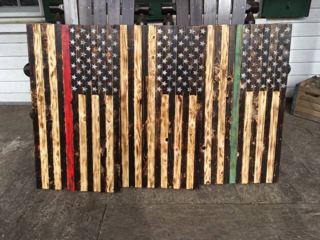 Handcrafted American Flag With Colored Stripe Police, Fire, Emt, Military- Wooden - Wall Hanging Wire On Back For Easy Install - image 1