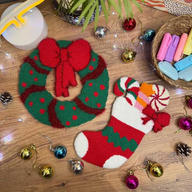 Punch Needle Christmas Wreath - Handmade Holiday Wall Hanging Festive Tufted Art Unique Xmas Gift For Home Decor - image 1