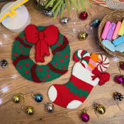 Punch Needle Christmas Wreath - Handmade Holiday Wall Hanging Festive Tufted Art Unique Xmas Gift For Home Decor - thumbnail 1