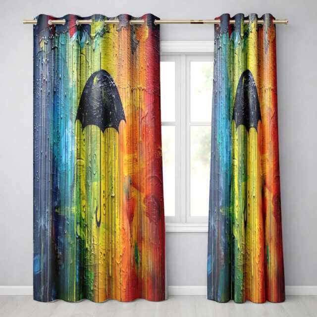Black Umbrella On Vibrant Rainbow Abstract Background Elegant Wall Art Home Decor Readymade Eyelet Ring Top Thermal 100% Blackout Curtains - image 1