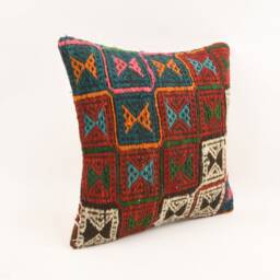 Handmade Kilim Pillow Cover Colorful Striped Wool Cushion - 16x16 - thumbnail 3