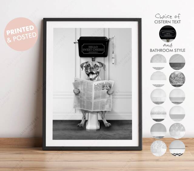 Black & White Boxer Dog On Toilet With Newspaper, Victorian Art, Funny Bathroom Print, Toilet, Yorkshire Terrier Art - image 1