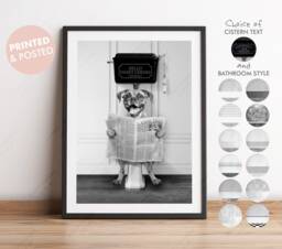 Black & White Boxer Dog On Toilet With Newspaper, Victorian Art, Funny Bathroom Print, Toilet, Yorkshire Terrier Art - thumbnail 1
