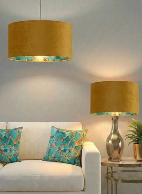 Handmade By Order Luxury Mustard Velvet With Jade Gold Abstract Paint Art Pattern Inside Drum Lamp Shade Pendant Light - image 1