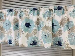 Floral Cafe Curtains. Spa Blue Taupe Ecru Valance. Bathroom Curtain Valance. Window One 1 Pair Curtains - thumbnail 1