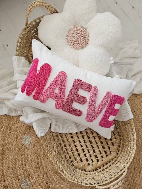 Personalised Punch Needle Decorative Cushion, Kids Room Decor Name Pillow, Unique New Baby Nursery Gift, Initial Monogram Children Present - image 1