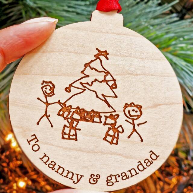 Personalised Child's Drawing Bauble, Wooden Christmas Minimalist Decoration, Gifts From Child, Hanging Decoration - image 1