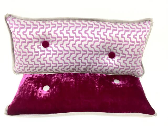 Violet Purple Silver Custom Decorative Lumbar Pillow, Geometric Print Rectangular Throw Buttons, Velvet, Metallic Linen Size 25 X 11 - image 1