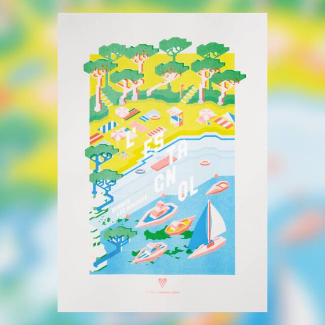 Illustrated Poster A3, Artist Poster, Yellow & Azure Blue Risography, Estagnol Beach, Bormes-Les-Mimosas, Print To Frame - image 1