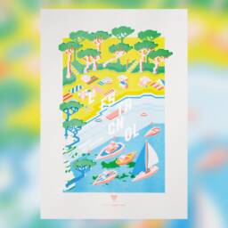 Illustrated Poster A3, Artist Poster, Yellow & Azure Blue Risography, Estagnol Beach, Bormes-Les-Mimosas, Print To Frame - thumbnail 1