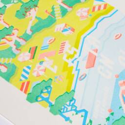Illustrated Poster A3, Artist Poster, Yellow & Azure Blue Risography, Estagnol Beach, Bormes-Les-Mimosas, Print To Frame - thumbnail 2