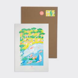 Illustrated Poster A3, Artist Poster, Yellow & Azure Blue Risography, Estagnol Beach, Bormes-Les-Mimosas, Print To Frame - thumbnail 3