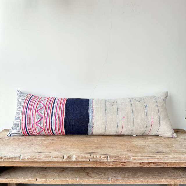 Handmade Hmong Hemp Lumbar Pillow Cover Rustic Tribal Art - 12x36 - image 1