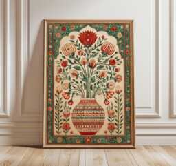 Persian Floral Wall Art, Red & Green Oriental Vase Poster, Middle Eastern Botanical Pattern Print - thumbnail 1