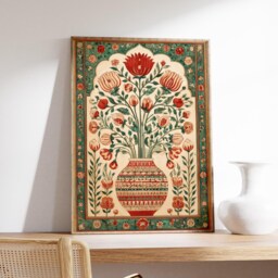 Persian Floral Wall Art, Red & Green Oriental Vase Poster, Middle Eastern Botanical Pattern Print - thumbnail 2