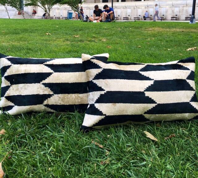 Set Of 2 Ikat Velvet Pillow Covers Black White Handwoven Silk Cushions - image 1