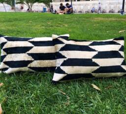 Set Of 2 Ikat Velvet Pillow Covers Black White Handwoven Silk Cushions