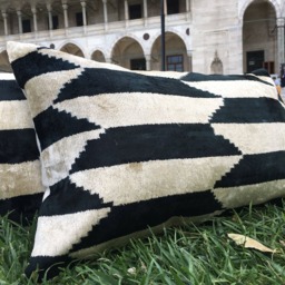 Set Of 2 Ikat Velvet Pillow Covers Black White Handwoven Silk Cushions - thumbnail 3