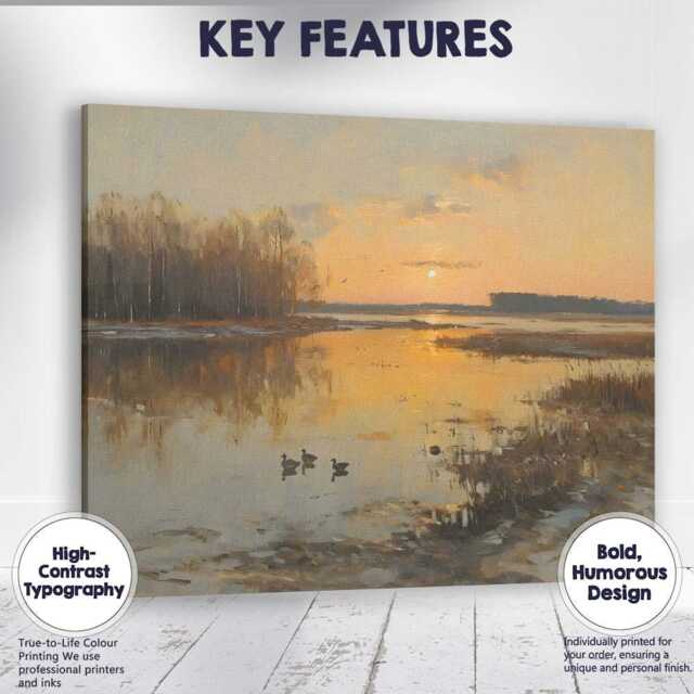 Golden Sunset Wetlands With Ducks Reflective Landscape Canvas Wall Art Print Decor Picture Ready To Hang - image 1