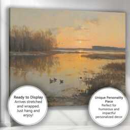 Golden Sunset Wetlands With Ducks Reflective Landscape Canvas Wall Art Print Decor Picture Ready To Hang - thumbnail 3