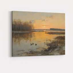 Golden Sunset Wetlands With Ducks Reflective Landscape Canvas Wall Art Print Decor Picture Ready To Hang - thumbnail 4