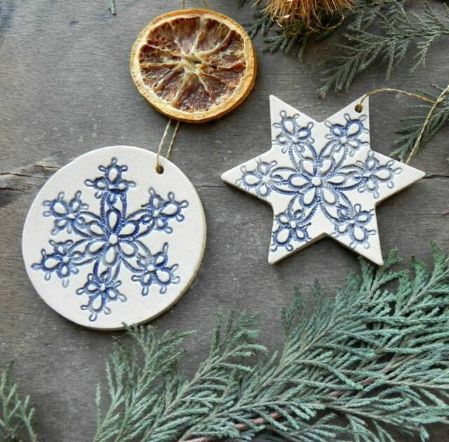 Celestial Christmas Ornaments, A Pair Of Blue Lace Star & Circle Gifts Under 20, Home Decor Gift, Country Decor - image 1
