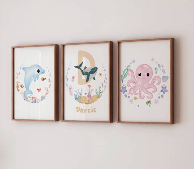 Personalised Ocean Nursery Prints Pastel Sea Life Wall Art Set - image 1