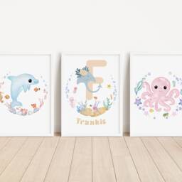 Personalised Ocean Nursery Prints Pastel Sea Life Wall Art Set - thumbnail 2