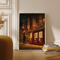 Japanese Night Street Poster, Tokyo Lantern Alley, Atmospheric Urban Art Print - thumbnail 1