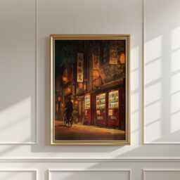 Japanese Night Street Poster, Tokyo Lantern Alley, Atmospheric Urban Art Print - thumbnail 2