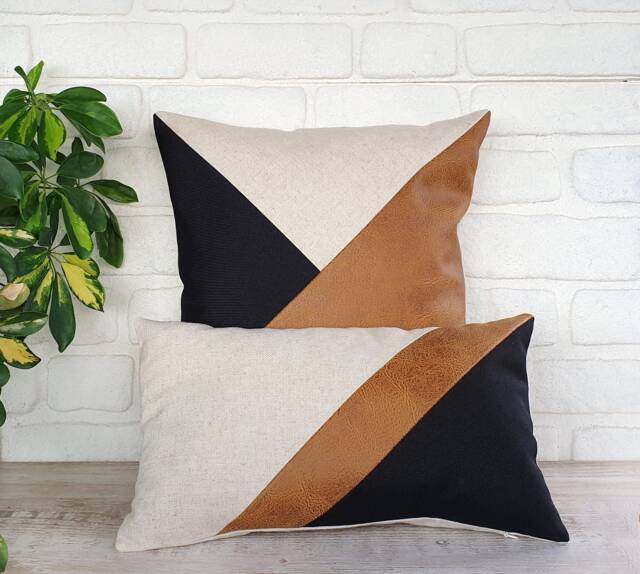 Geometric Faux Leather Pillow Cover Set Black, Beige & Camel - image 1