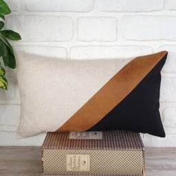 Geometric Faux Leather Pillow Cover Set Black, Beige & Camel - thumbnail 3